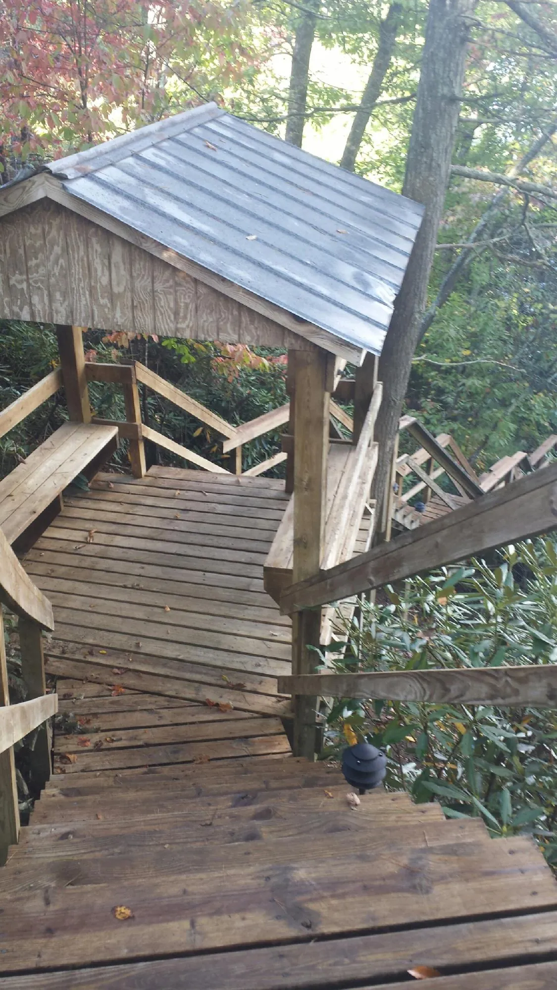 Metal roofed shelter over wooden steps on a wooded walkway — Skylight Repair & Installation work by our crew in Estes Park